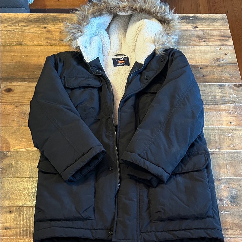 The Children's Place Black Hooded Parka with Faux-Fur Trim